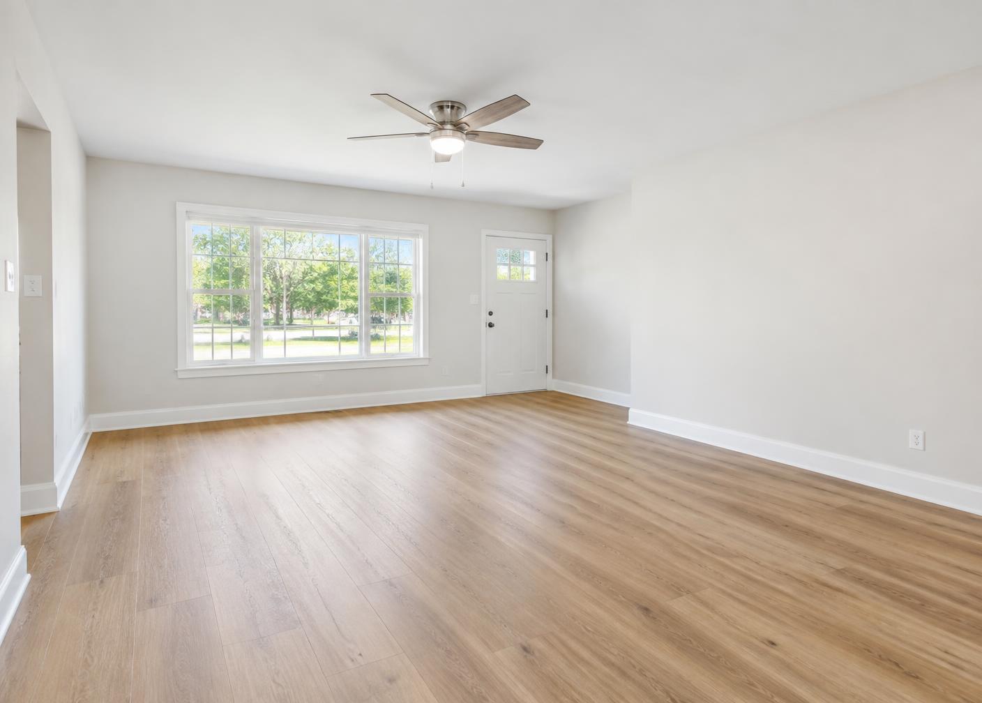 Living room after new luxury vinyl plank flooring installation